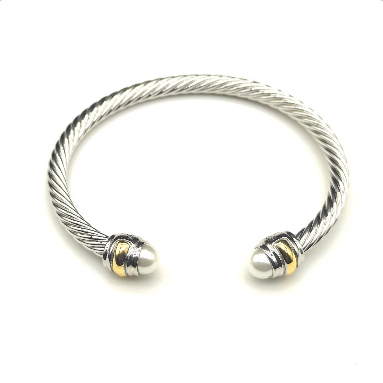 David Yurman Silver Cable Wire Bangle Bracelet with Pearl Ends